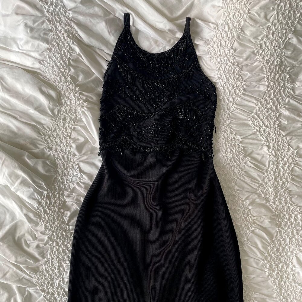 Black Beaded Column Holiday/Event Dress
